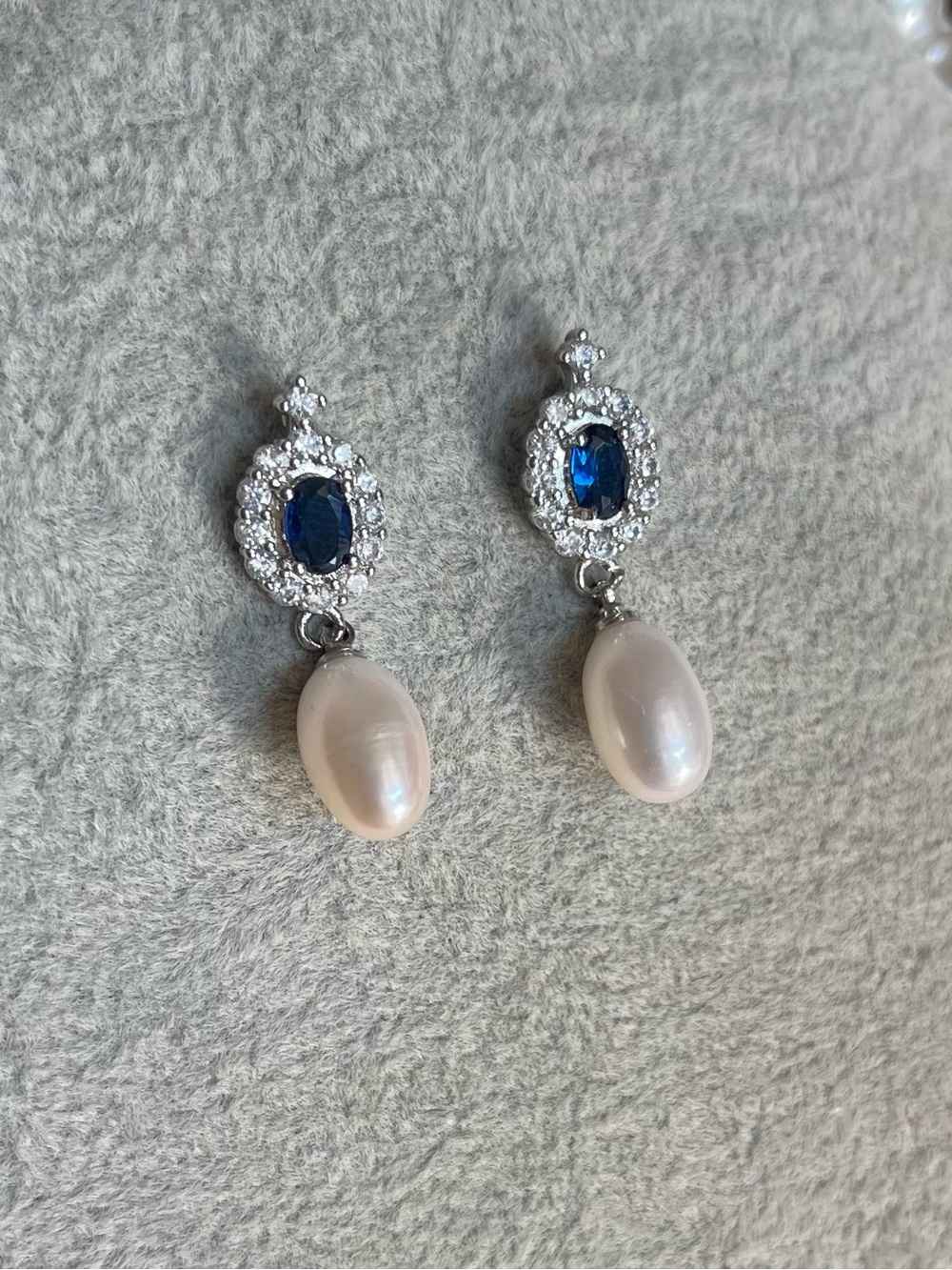 Elegant Natural Freshwater Pearl Drop Earrings with Blue Gem Accents - 925 posts
